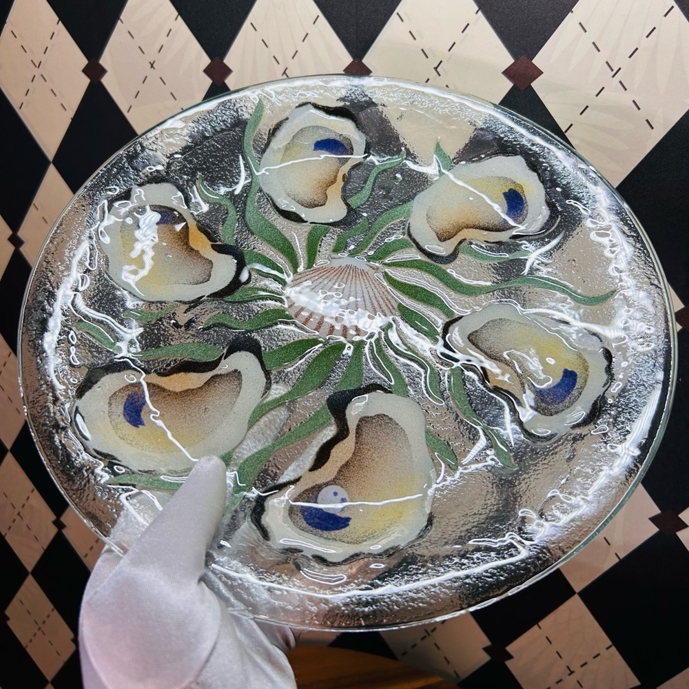 Oyster Shell Motif Fused Glass Platter & Bowl Set — Iridescent Coastal Art Glass - Picture 8 of 16